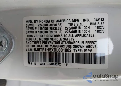 2013 Honda Crosstour Exl z USA, uszkodzony, nr VIN 5J6TF1H5XDL001902